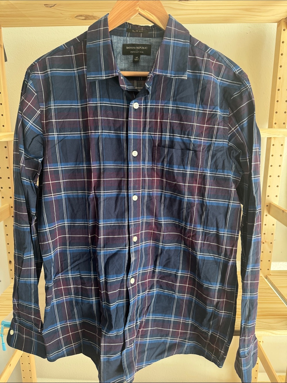 Banana Republic Navy, Blue and Maroon Plaid Button-Down Shirt